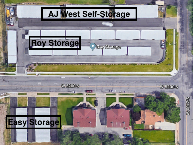 Map of Roy Storage, Easy Storage, and AJ West parcels in Roy, UT